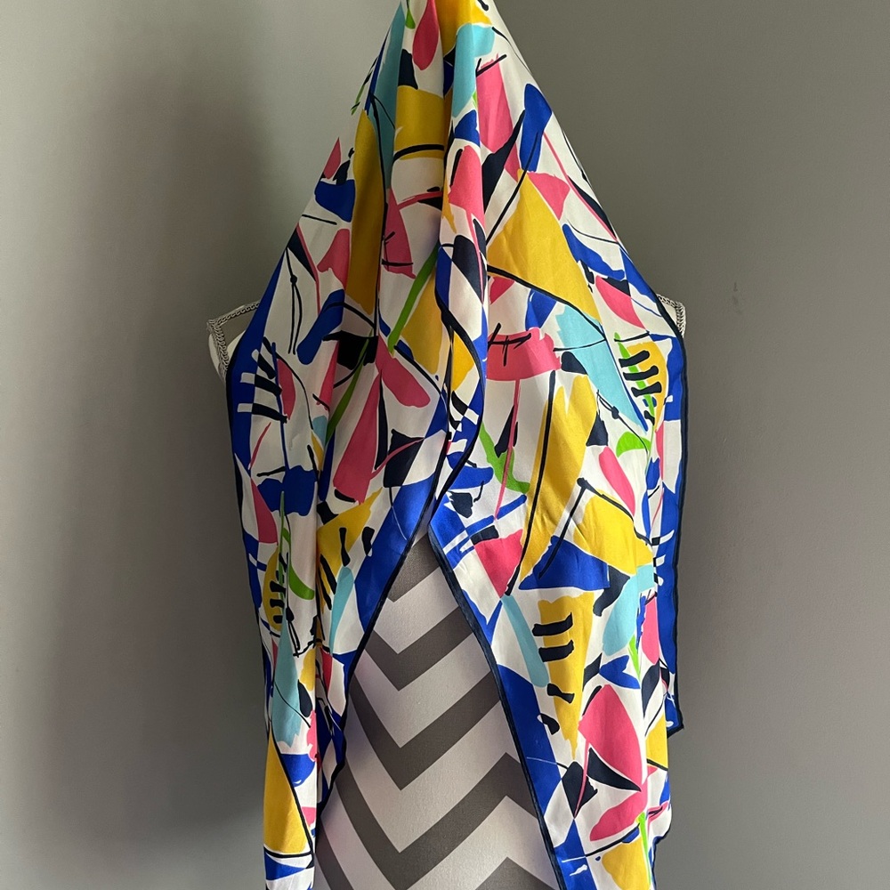 Colorful Abstract Vintage Silk Print Scarf - 52” l x 11” w - Picture 7 of 8